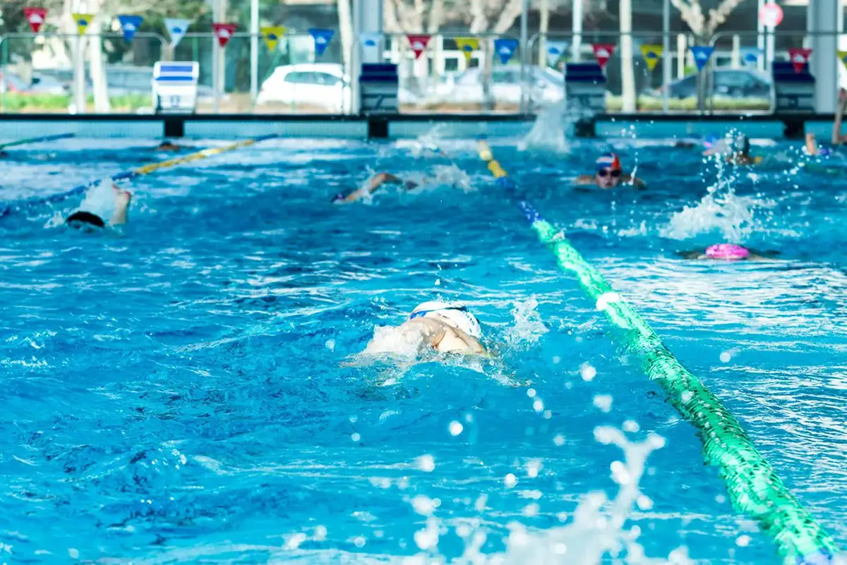 Fotografía de nadadores entrenando en calles de piscina cubierta
