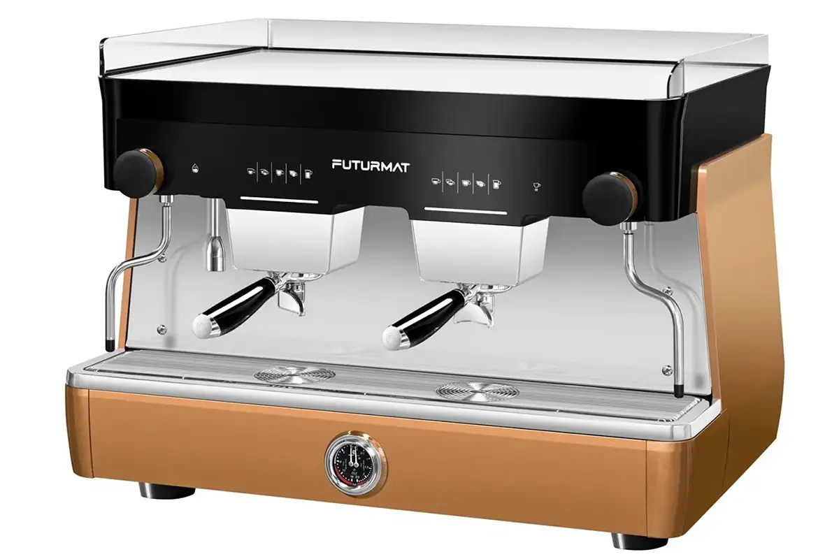 Cafetera espresso marca quality espresso acabada en color dorado metalizado